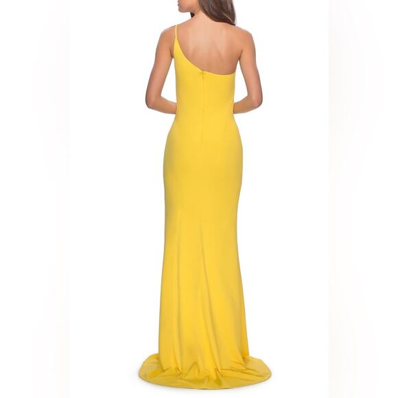 La Femme One-Shoulder Yellow Slit Jersey Gown Size 00 - Picture 2 of 6